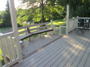 Trex Transcends deck project; (Rope Swing) with almond vinyl railing in Riegelsville, PA.