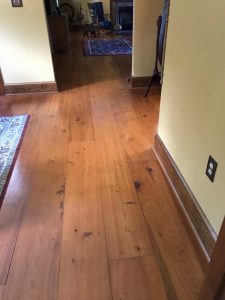This antique style wide plank, cypress hardwood flooring was installed with cut nails in a home in Ferndale, PA.