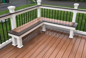 Built-in Deck Seat Composite Trex Transcends "Tiki torch" with "Woodland brown" accents in Doublin, PA.