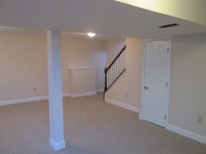 A carpeted finished basement in Ottsville, PA.