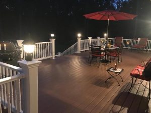 Composite Trex Transcends "Tree House" with 6x6 rail posts with 110 volt lamp lighting operated with dimmer switsch for great dinning experience in Quakertown, PA.