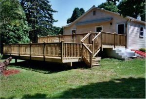 We built this pressure treated deck with multi levels in Upper Black Eddy, PA.